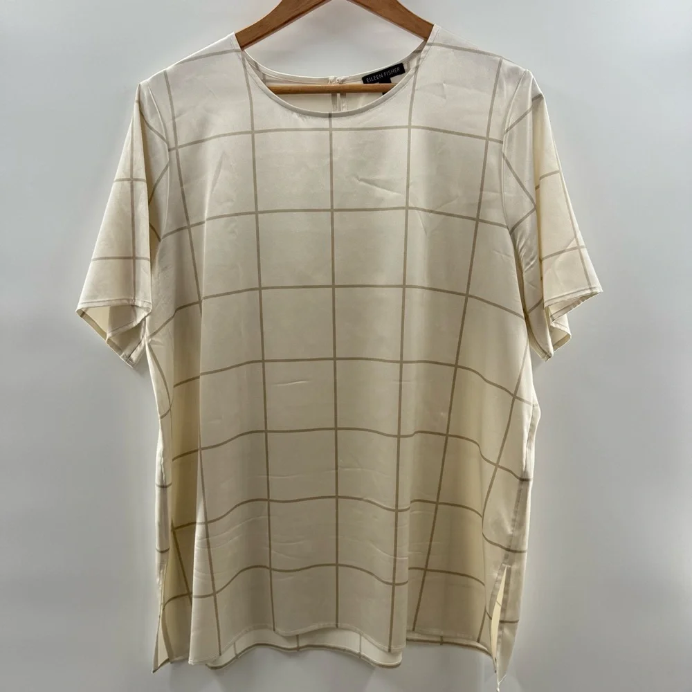 Eileen Fisher Silk Jewel Neck Short Sleeve Box Top Cream Blouse Size Large - Picture 2 of 13